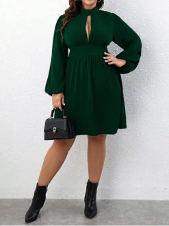 Women's Plus Size Curve Casual Dress A Line Dress Knit Dress Solid Color Midi Dress Long Sleeve Ruched Cut Out Stand Collar Fashion Outdoor Green Fall Winter XL XXL 3XL -HANs Plus Size Style Shop zuwpxs1697706410137