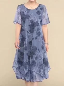 Women's Plus Size Party Dress Cocktail Dress Wedding Guest Dress Midi Dress Wine Blue Short Sleeve Floral Mesh Summer Spring Fall Crew Neck Fashion Wedding Guest Vacation Summer Dress 2023 L XL XXL -HANs Plus Size Style Shop zuyyhm1690176958078