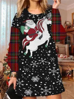 Women‘s Christmas Ugly Sweatshirt Dress Shift Dress Mini Dress Green Black Light Green Long Sleeve Santa Claus Print Winter Fall Autumn Fashion Daily 2022 S M L XL XXL 3XL -HANs Plus Size Style Shop zvimxo1667979719551