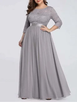 Women's Plus Size Curve Prom Dress Party Dress Lace Dress Long Dress Maxi Dress White Pink Wine 3/4 Length Sleeve Pure Color Lace Spring Fall Winter Crew Neck Fashion Birthday Evening Party -HANs Plus Size Style Shop zvlshu1692156789723