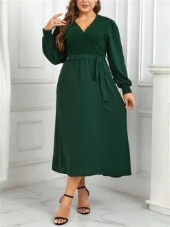 Women's Plus Size Curve Casual Dress Sheath Dress Plain Midi Dress Long Sleeve Lace Up Split V Neck Fashion Outdoor Green Fall Winter XL XXL 3XL 4XL