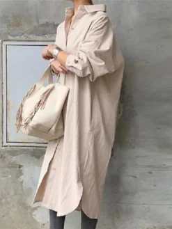 Women's Shirt Dress Maxi Long Dress Winter Dress Daily Vacation Cotton Casual Shirt Collar Button Long Sleeve Summer Spring Fall 2022 Loose Fit White Blue Khaki Pure Color S M L XL -HANs Plus Size Style Shop zvucot1635849253303