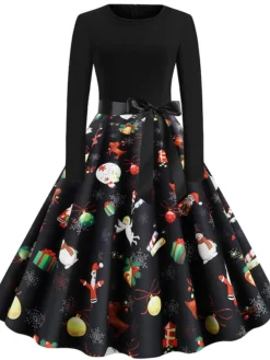 Women's Christmas Knee Length Dress Green White Black Rainbow Red Long Sleeve Print Snowflake Santa Claus Print Fall Winter Crew Neck Casual Vintage Party 2022 S M L XL XXL -HANs Plus Size Style Shop zvuxeu1565580510951
