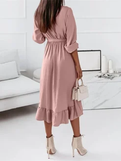 Women‘s Curve Sheath Dress Knee Length Dress Green Black Pink Light Blue Long Sleeve Solid Color Lace Up Ruffle Plus High Low Fall Spring V Neck Elegant Vintage Party Loose 2023 S M L XL XXL 3XL -HANs Plus Size Style Shop zvzzph1635330869638