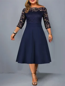 Women‘s Plus Size Curve Party Dress Solid Color Off Shoulder Lace Half Sleeve Summer Spring Elegant Formal Midi Dress Party Cocktail Party Dress