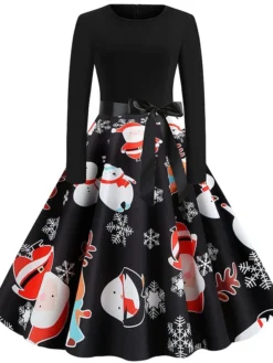 Women's Christmas Knee Length Dress Green White Black Rainbow Red Long Sleeve Print Snowflake Santa Claus Print Fall Winter Crew Neck Casual Vintage Party 2022 S M L XL XXL -HANs Plus Size Style Shop zwefyy1565590466649