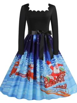 Women's Christmas Casual Dress Vintage Dress Midi Dress Black Blue Wine Long Sleeve Santa Claus Bow Winter Fall Spring Square Neck Vacation Christmas Daily Vacation 2022 S M L XL XXL 3XL -HANs Plus Size Style Shop zwwnvj1667637126959