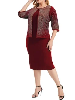 Women's Plus Size Curve Party Dress Cocktail Dress Sheath Dress Solid Color Midi Dress 3/4 Length Sleeve Patchwork Fake Two Piece Crew Neck Fashion Party Black Wine Fall Winter XL XXL 3XL 4XL 5XL -HANs Plus Size Style Shop zwxwug1695362726702