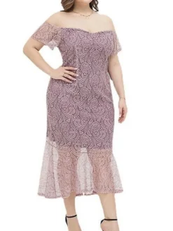 Women's Plus Size Prom Dress Party Dress Lace Dress Midi Dress Pink Short Sleeve Pure Color Lace Spring Fall Winter Off Shoulder Fashion Birthday Evening Party Wedding Guest 2023 XL XXL 3XL 4XL