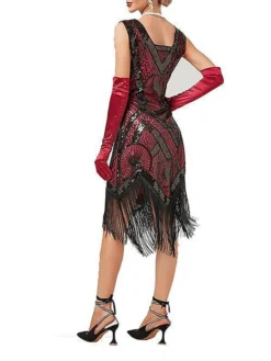 Women's Retro 1920s Fringe Dress Midi Dress Party Halloween Sequins Tassel Fringe Geometric V Neck Sleeveless Regular Fit Spring Fall 2023 Black Red XS S M L -HANs Plus Size Style Shop zxfirl1692947260651