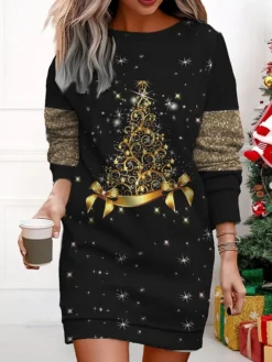 Women's Christmas Casual Dress Sweatshirt Dress Mini Dress Warm Fashion Outdoor Vacation Crew Neck Print Christmas Tree Loose Fit Pink Blue Purple S M L XL XXL