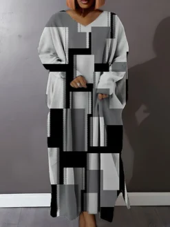 Women's Plus Size Curve Casual Dress Sweatshirt Dress Winter Dress Floral Geometric Long Dress Maxi Dress Long Sleeve Split Print V Neck Fashion Outdoor Pink Blue Fall Winter L XL XXL 3XL 4XL