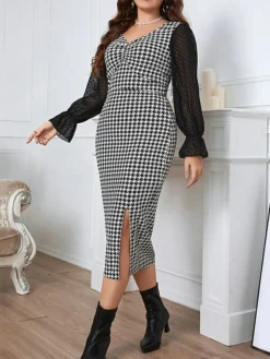 Women‘s Plus Size Curve Party Dress Cocktail Dress Bodycon Midi Dress Black Long Sleeve Print Mesh Spring Fall Winter V Neck Fashion Winter Dress Birthday Wedding Guest 2023 XL XXL 3XL 4XL -HANs Plus Size Style Shop zyajls1692165912074