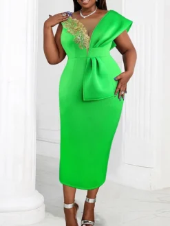Women‘s Plus Size Curve Party Dress Cocktail Dress Wedding Guest Dress Long Dress Maxi Dress Green Short Sleeve Pure Color Lace Summer Spring Fall V Neck Fashion Wedding Guest Vacation