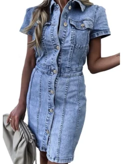 Women's Denim Dress Denim Shirt Dress Midi Dress Denim Elegant Casual Daily Vacation Shirt Collar Button Pocket Short Sleeve Summer Spring Fall 2022 Slim Light Blue Pure Color S M L XL -HANs Plus Size Style Shop zyisup1616408147181