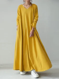 Women's Long Dress Maxi Dress Casual Dress Shift Dress Swing Dress Pure Color Casual Classic Daily Weekend Pocket Long Sleeve V Neck Dress Loose Fit Black Yellow Navy Blue Winter Fall S M L XL XXL -HANs Plus Size Style Shop zytens1672293429008