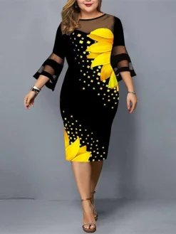 Women‘s Plus Size Curve Work Dress Sheath Dress Floral Midi Dress 3/4 Length Sleeve Mesh Print Crew Neck Elegant Outdoor White Yellow Spring Summer L XL XXL 3XL 4XL -HANs Plus Size Style Shop zzjjpy1673504505016