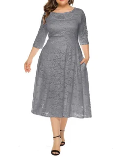 Women's Plus Size Curve Party Dress Lace Dress Semi Formal Dress Solid Color Midi Dress 3/4 Length Sleeve Lace Patchwork Crew Neck Fashion Wedding Light Yellow Black Spring Fall XL XXL 3XL 4XL 5XL -HANs Plus Size Style Shop zzkpsq1693533329584