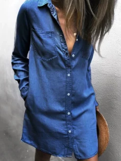 Women's Denim Dress Shirt Dress Shift Dress Midi Dress Outdoor Winter Dress Daily Polyester Stylish Casual Shirt Collar Button Pocket Long Sleeve Summer Spring Fall 2023 Loose Fit Blue Pure Color S M