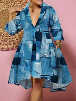 Women's Plus Size Curve Shirt Dress Casual Dress Swing Dress Floral Geometric Midi Dress 3/4 Length Sleeve Plus High Low Print Shirt Collar Fashion Daily White Yellow Fall Winter L XL XXL 3XL